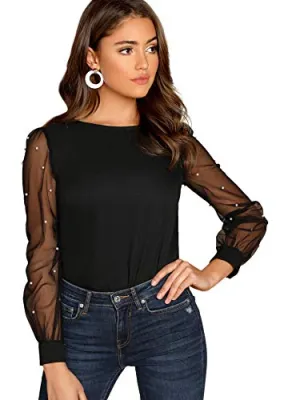 Floerns Women's Pearl Mesh Sheer Tops