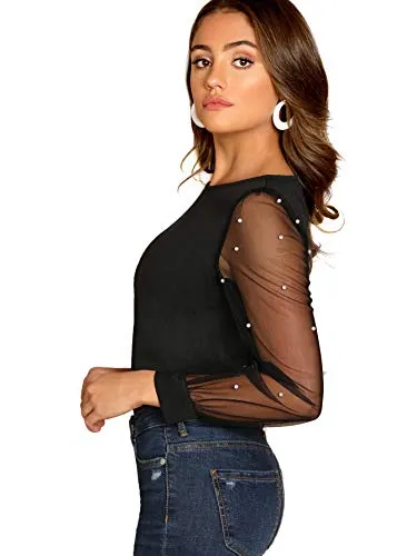 Floerns Women's Pearl Mesh Sheer Tops