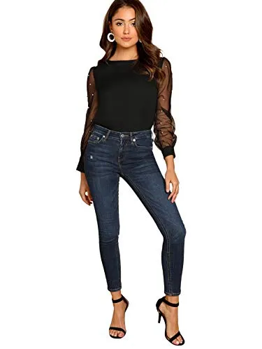 Floerns Women's Pearl Mesh Sheer Tops