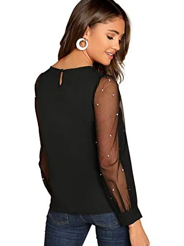 Floerns Women's Pearl Mesh Sheer Tops