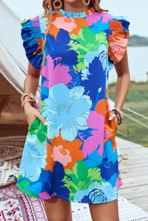 Floral Multicolor Flutter Sleeve Mini Dress