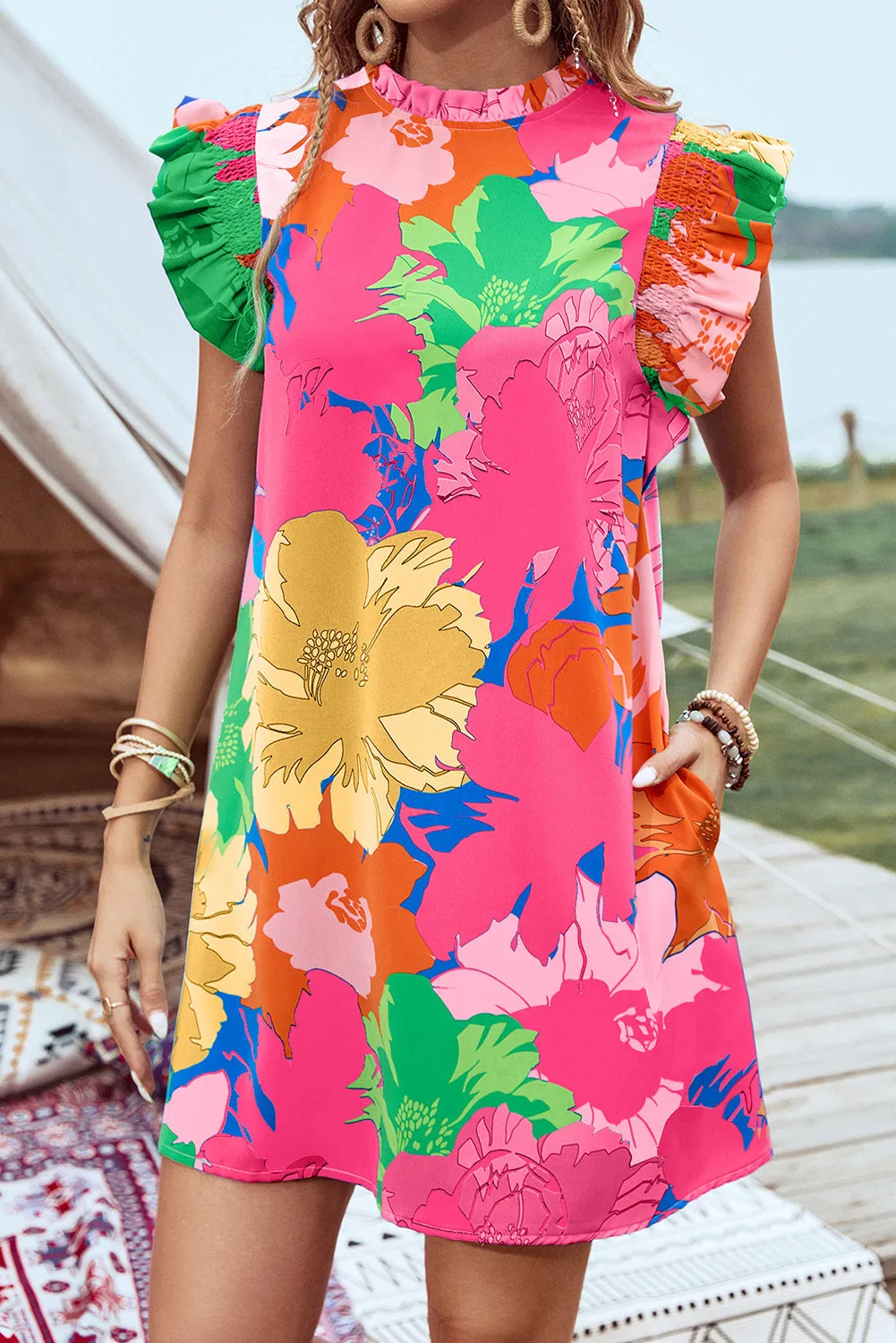 Floral Multicolor Flutter Sleeve Mini Dress
