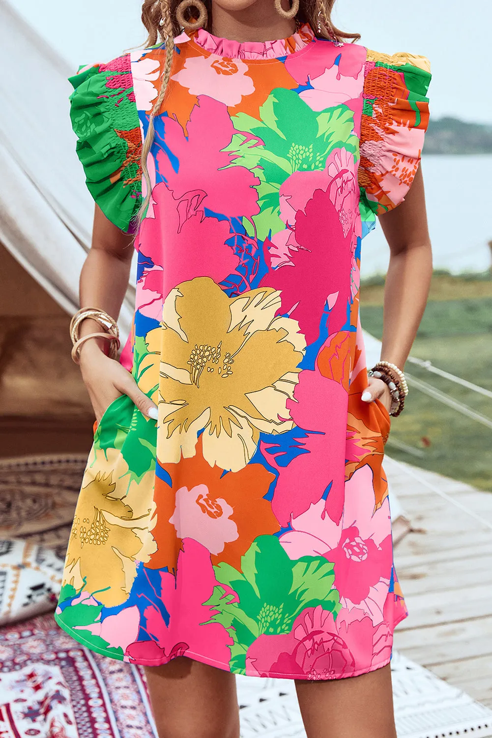 Floral Multicolor Flutter Sleeve Mini Dress