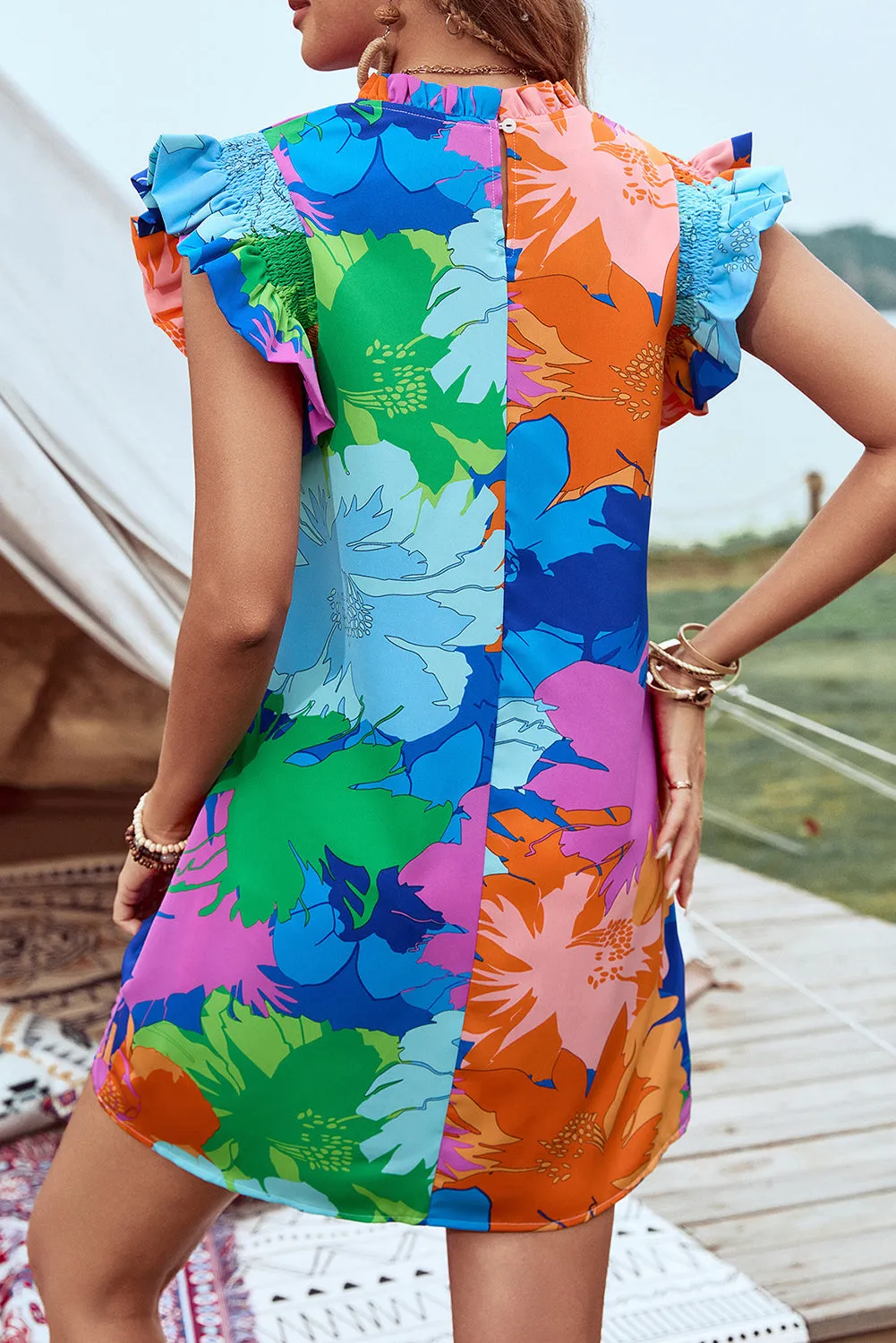 Floral Multicolor Flutter Sleeve Mini Dress