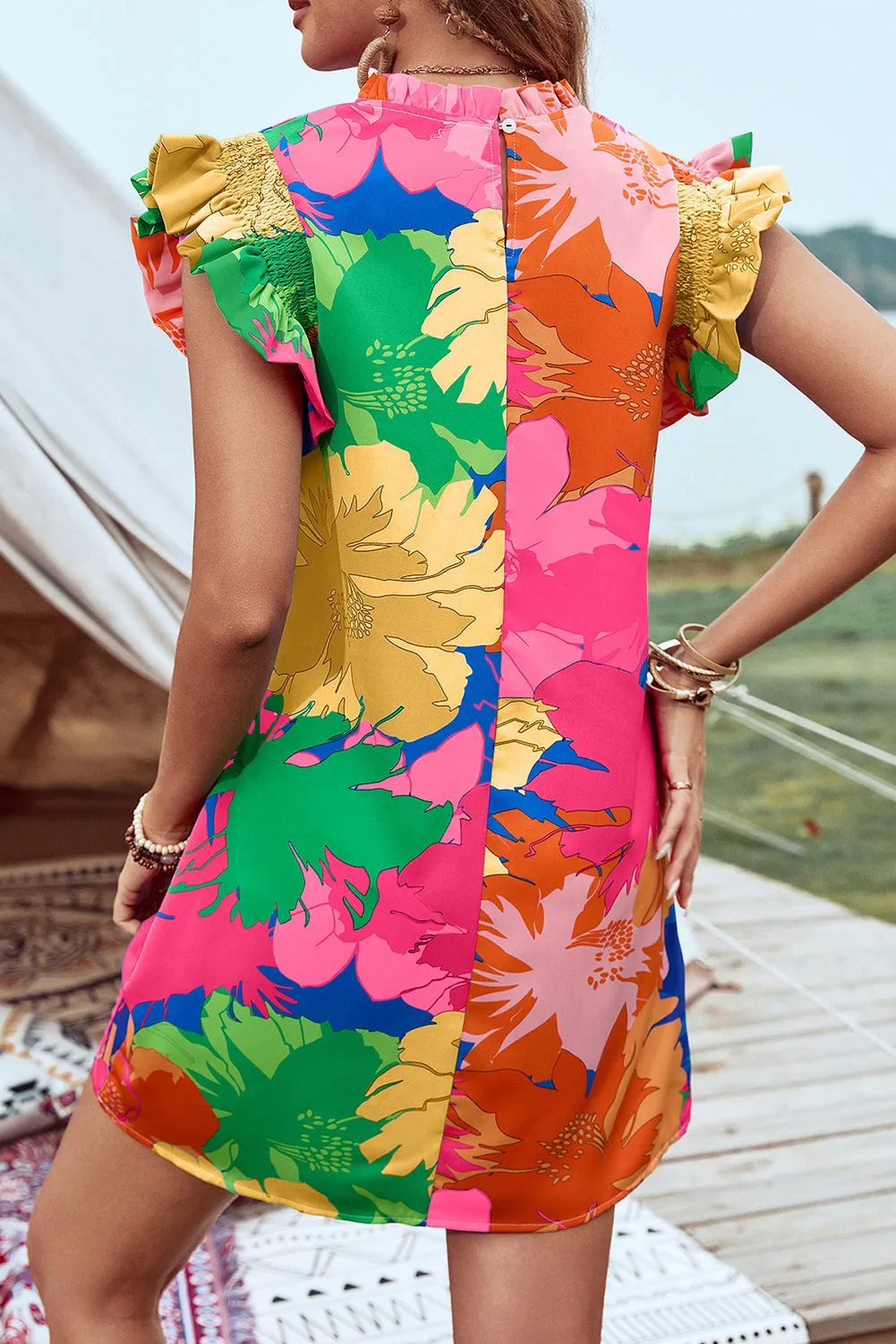 Floral Multicolor Flutter Sleeve Mini Dress