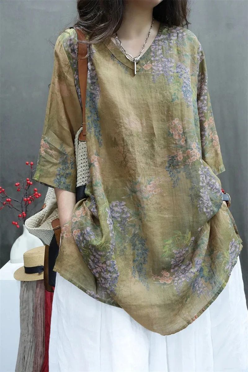 Floral Printed Long Ramie Blouse, Literary V-neck Long Casual Top