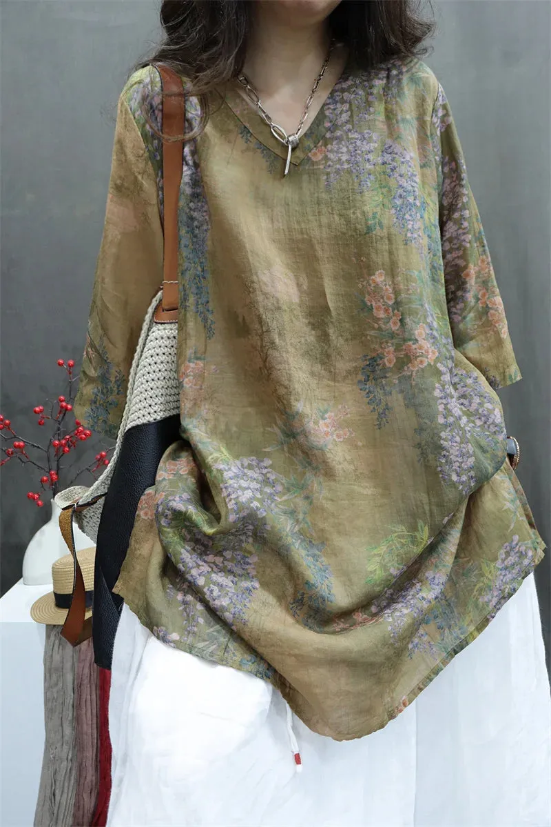 Floral Printed Long Ramie Blouse, Literary V-neck Long Casual Top