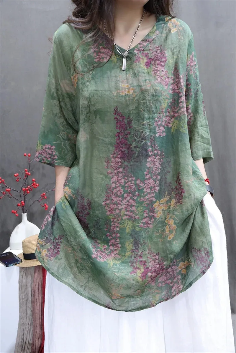 Floral Printed Long Ramie Blouse, Literary V-neck Long Casual Top