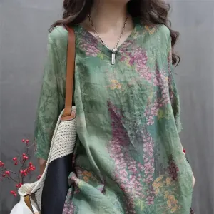 Floral Printed Long Ramie Blouse, Literary V-neck Long Casual Top