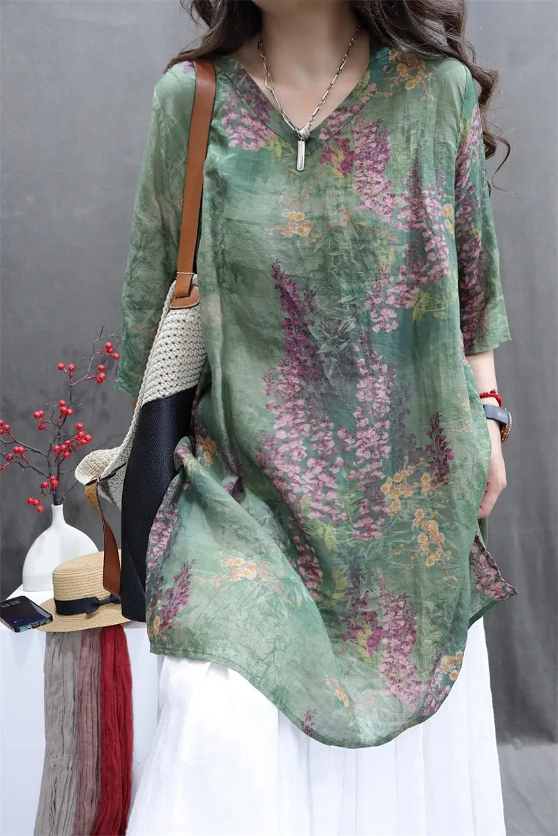 Floral Printed Long Ramie Blouse, Literary V-neck Long Casual Top
