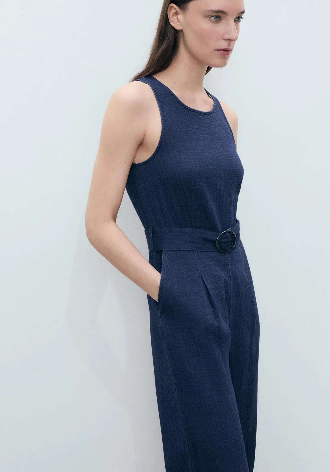 Fluid Denim Jumpsuit With Belt - Dark Blue