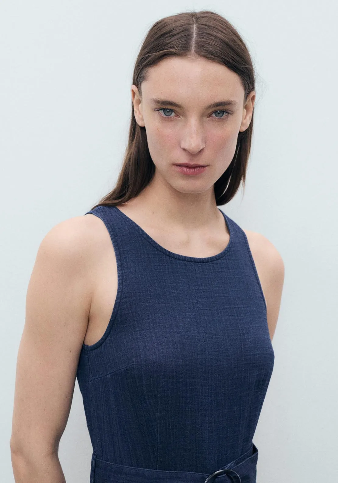 Fluid Denim Jumpsuit With Belt - Dark Blue