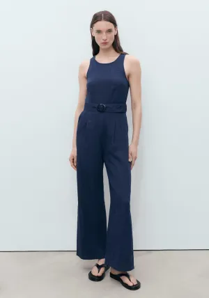 Fluid Denim Jumpsuit With Belt - Dark Blue
