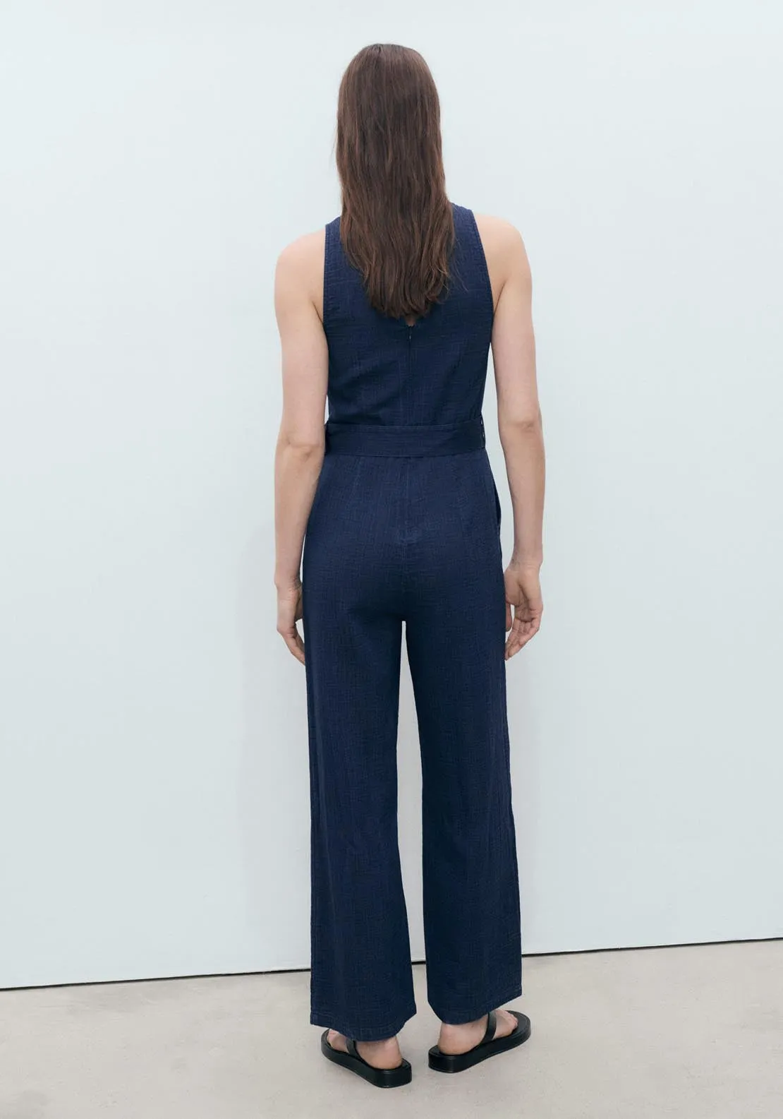 Fluid Denim Jumpsuit With Belt - Dark Blue