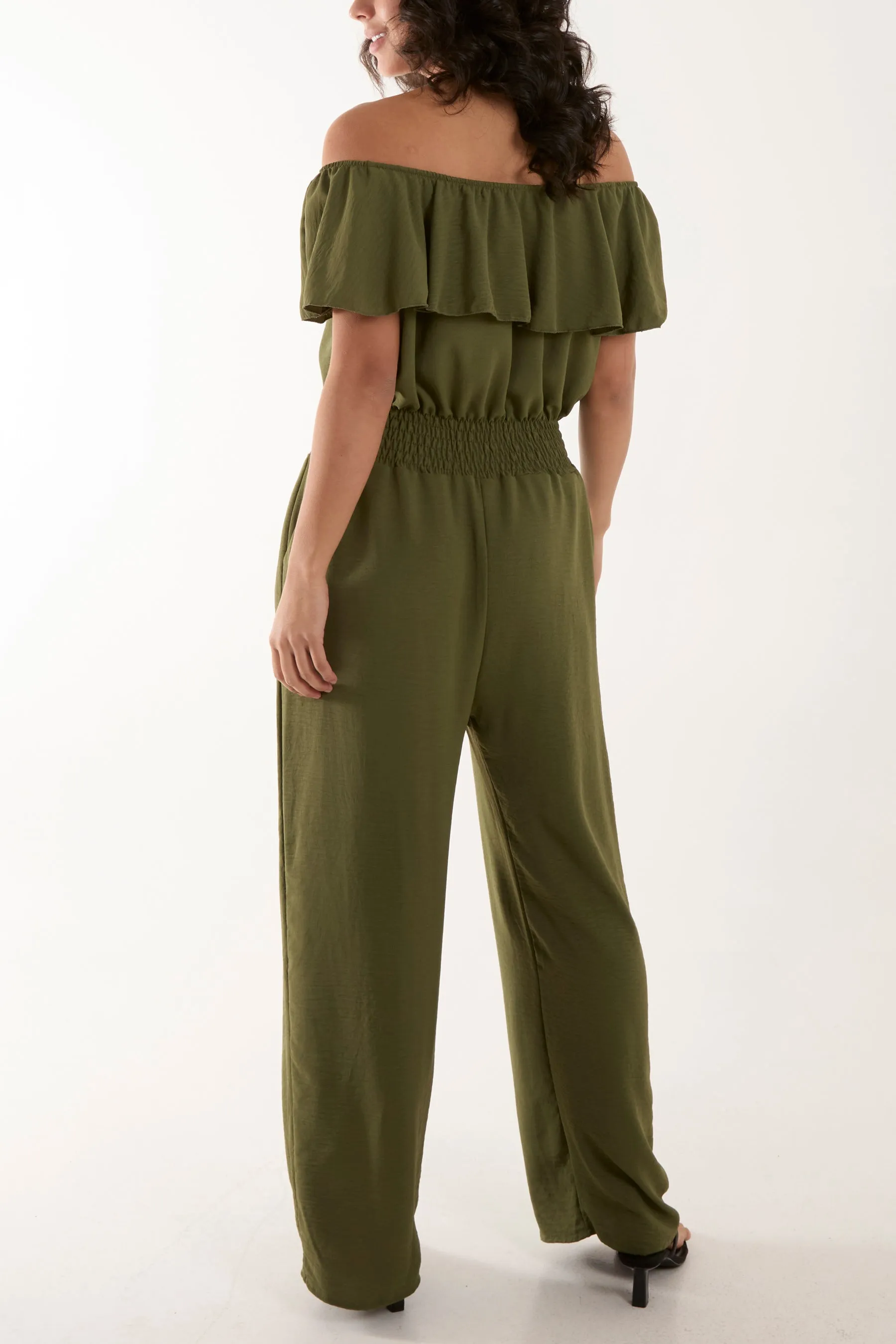 Frilled Bardot Shirred Waist Jumpsuit