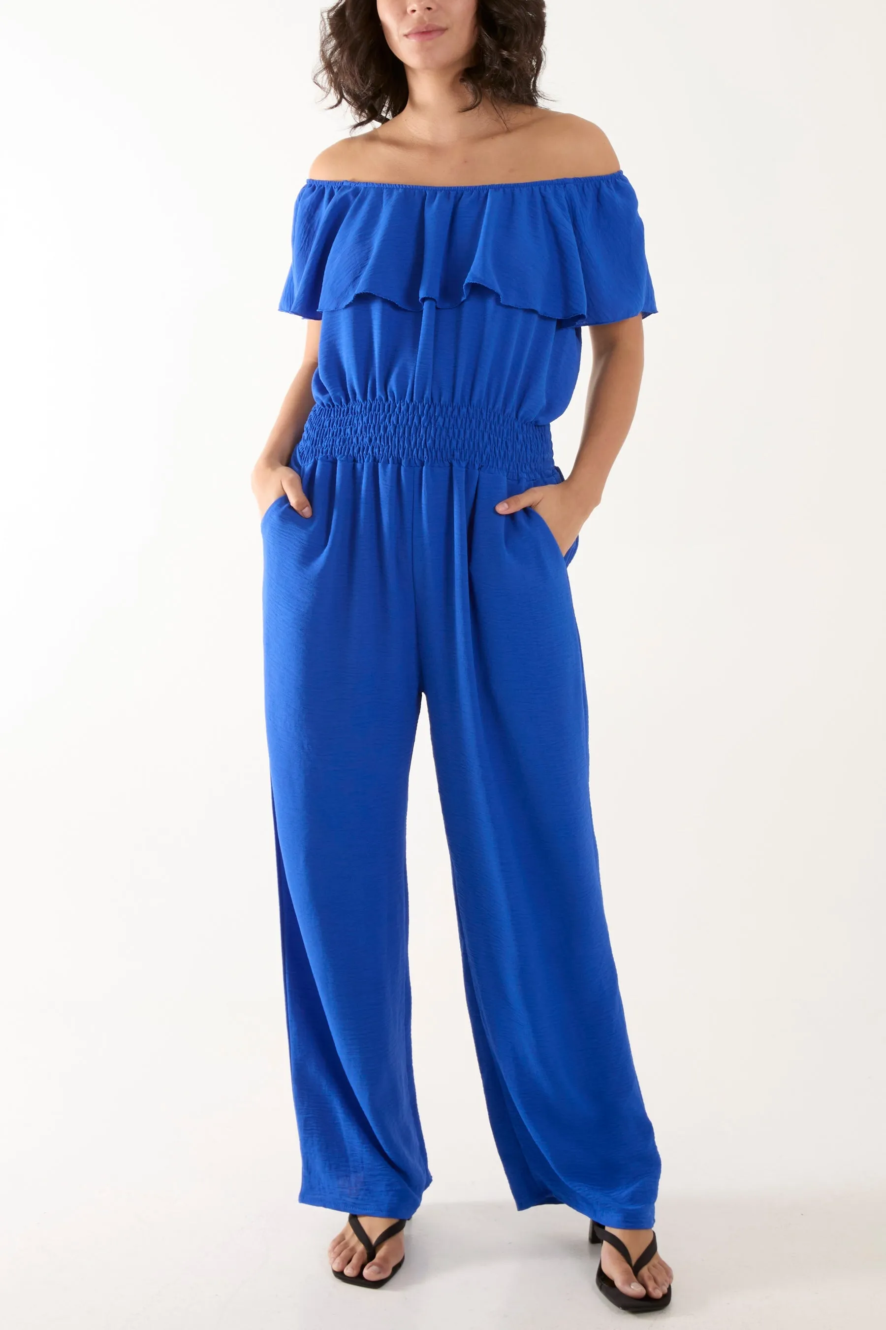 Frilled Bardot Shirred Waist Jumpsuit