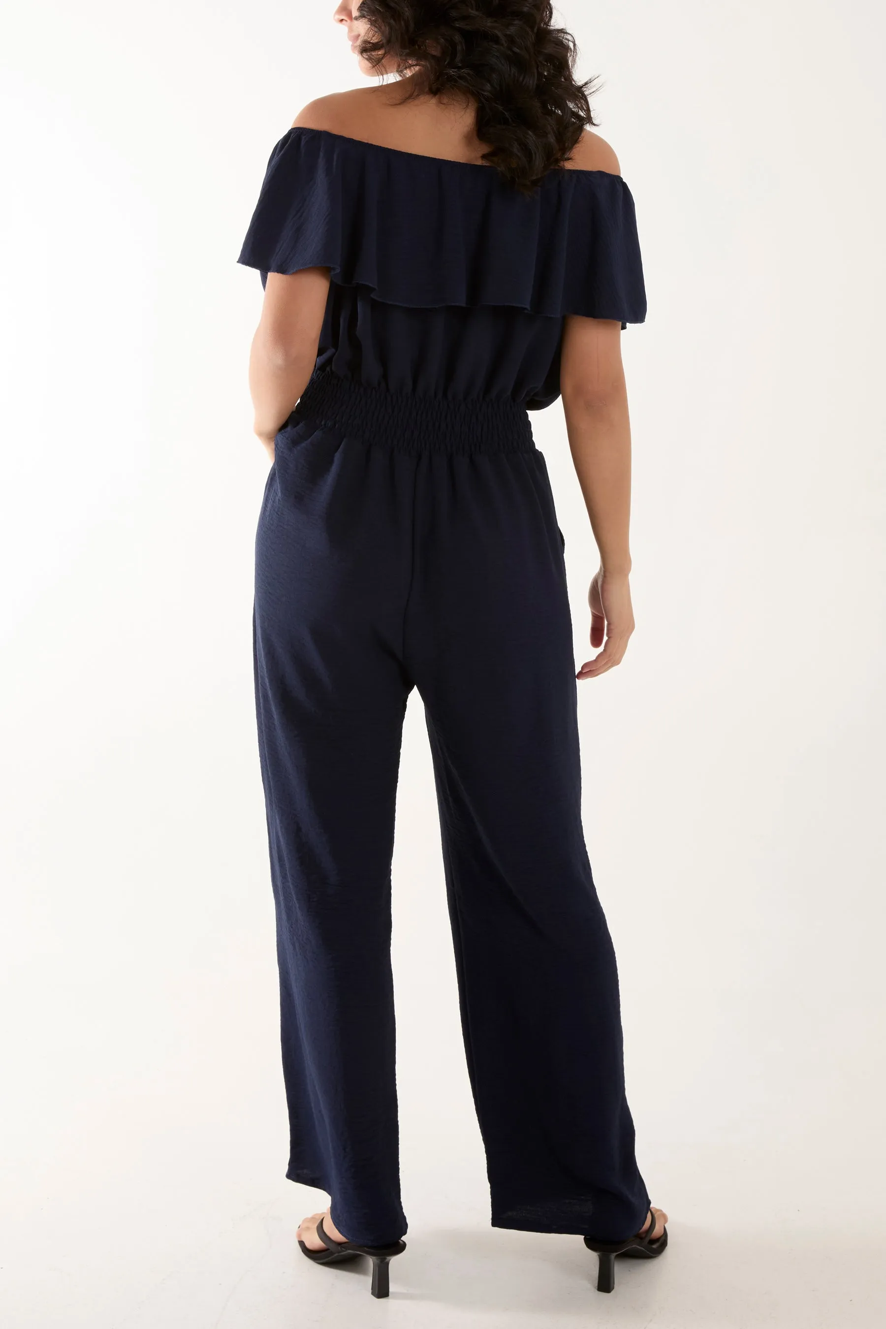 Frilled Bardot Shirred Waist Jumpsuit