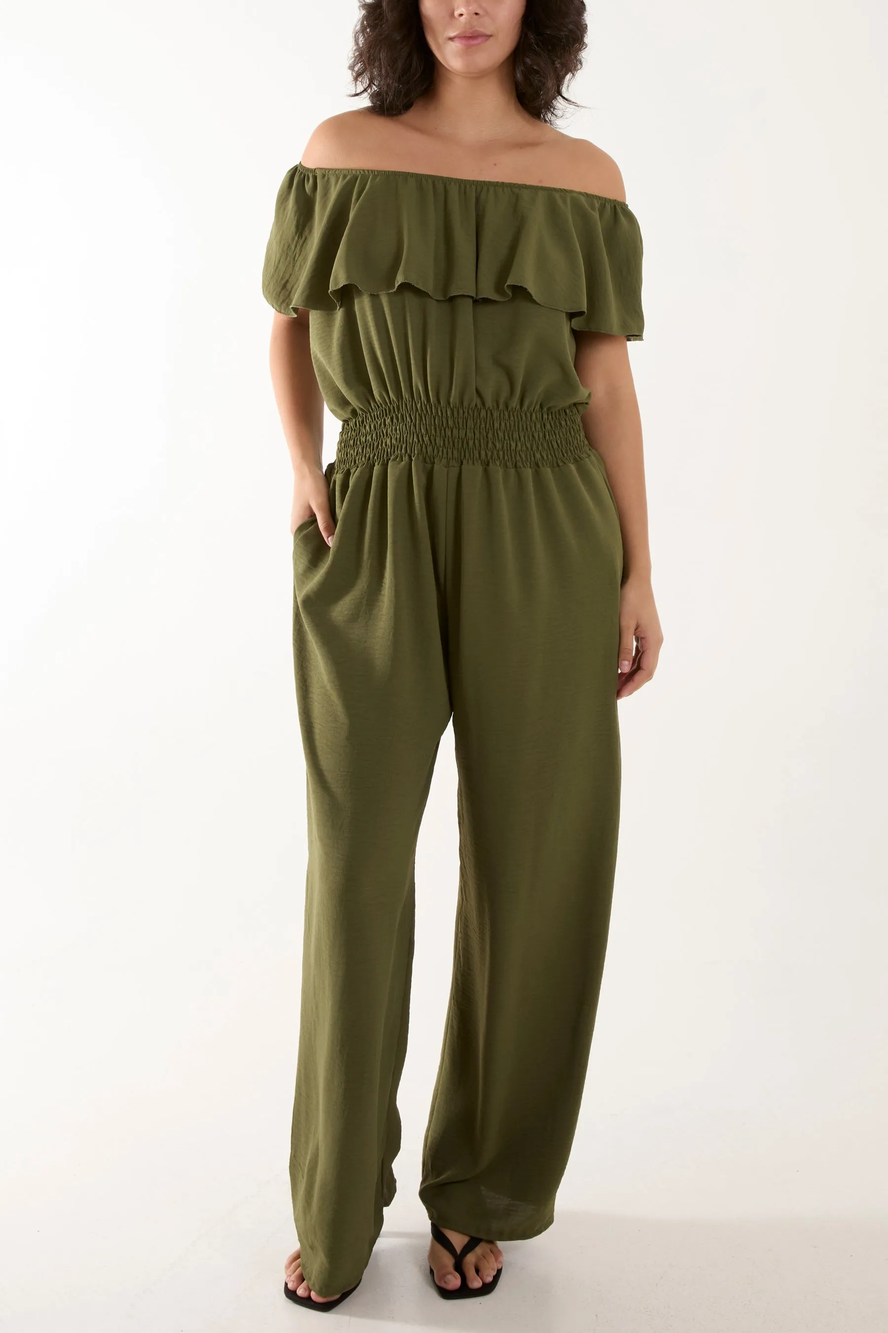 Frilled Bardot Shirred Waist Jumpsuit