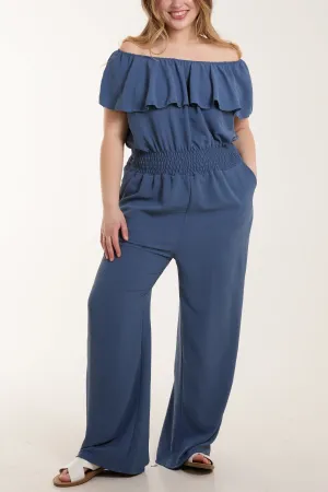 Frilled Bardot Shirred Waist Jumpsuit