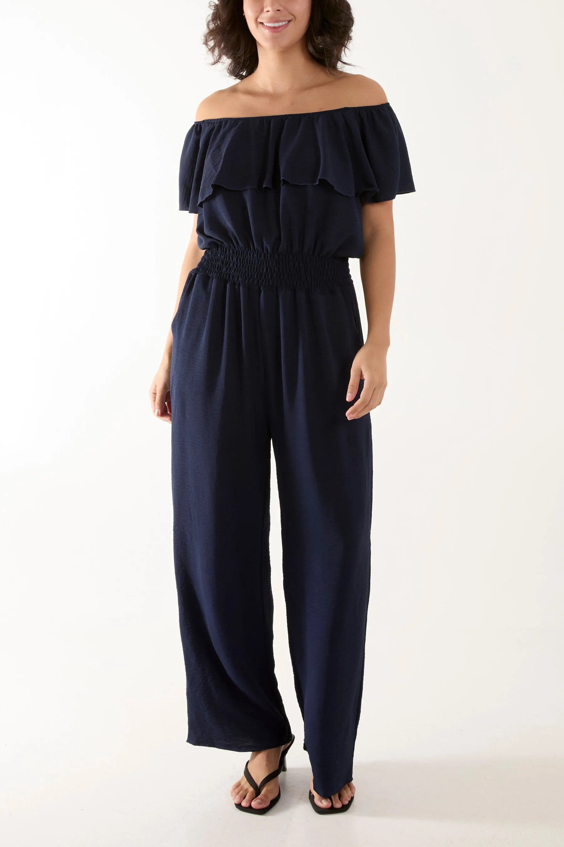 Frilled Bardot Shirred Waist Jumpsuit