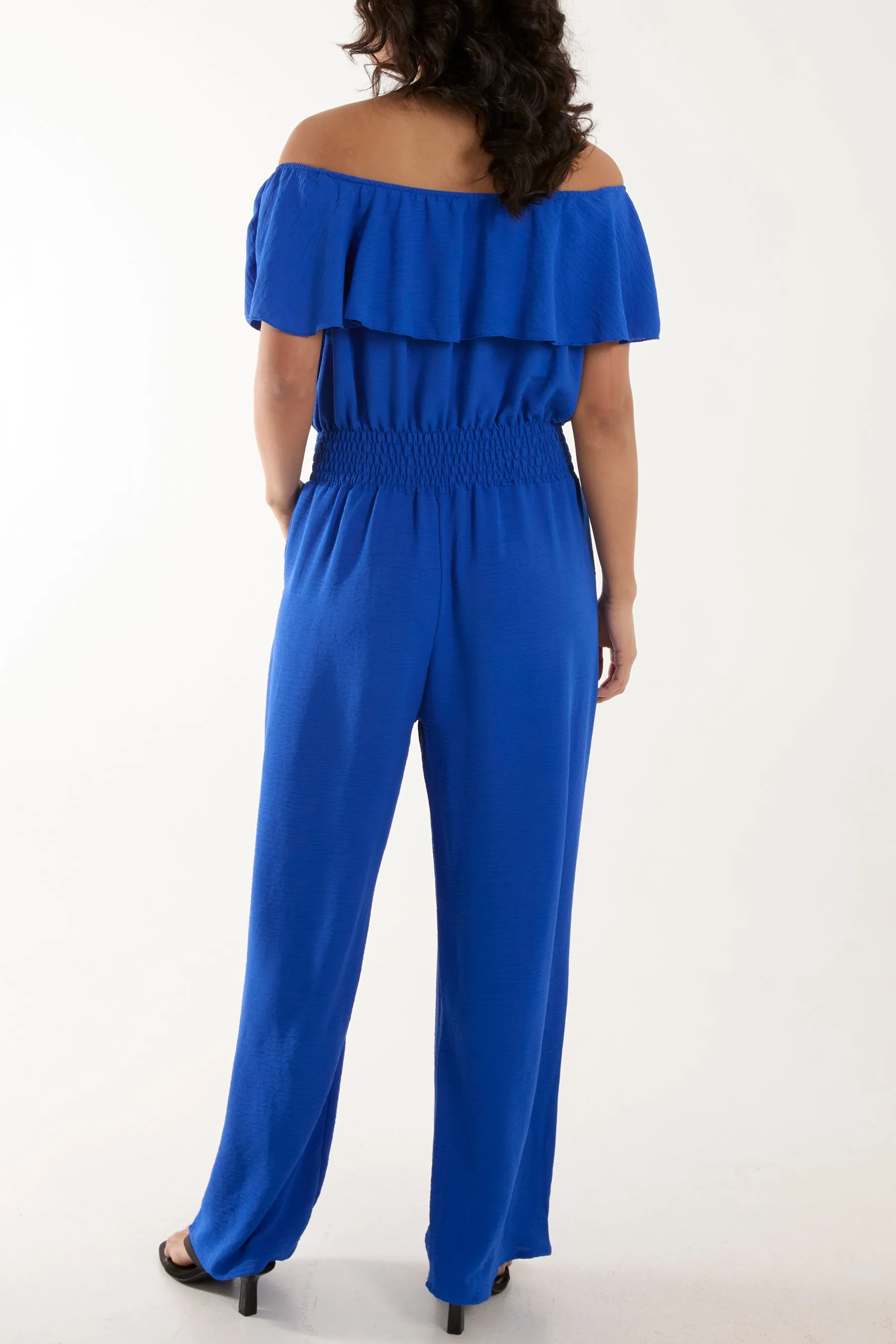 Frilled Bardot Shirred Waist Jumpsuit