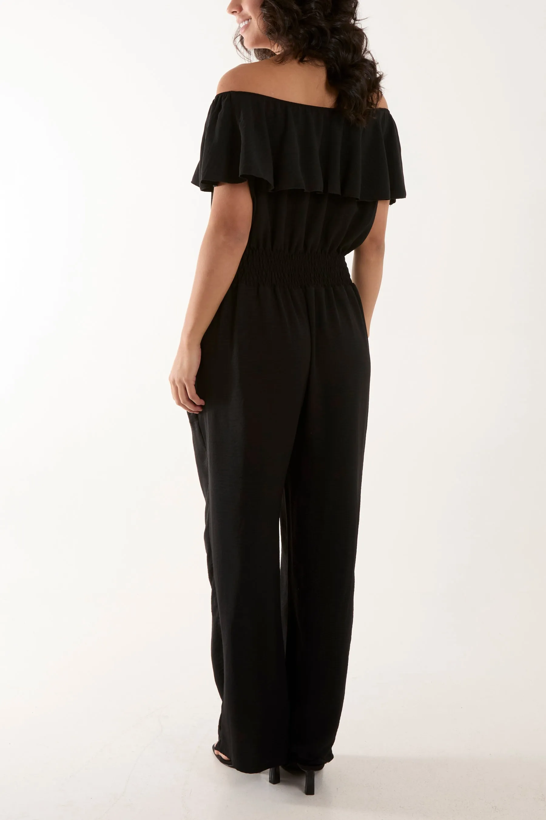 Frilled Bardot Shirred Waist Jumpsuit