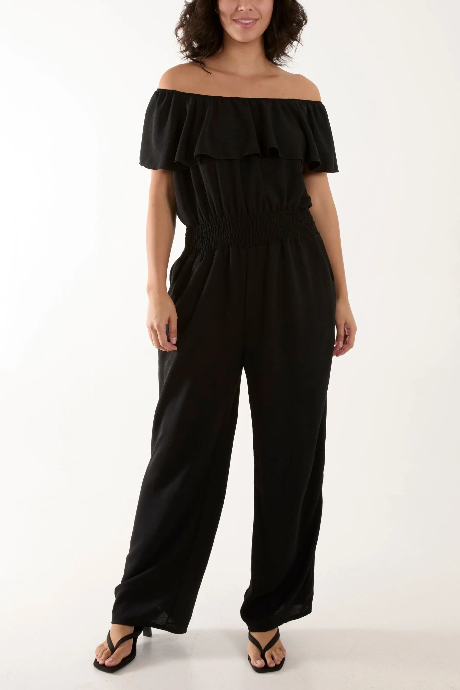 Frilled Bardot Shirred Waist Jumpsuit