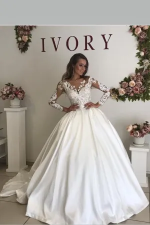 Full Sleeves Lace Wedding Dresses with Satin Skirt
