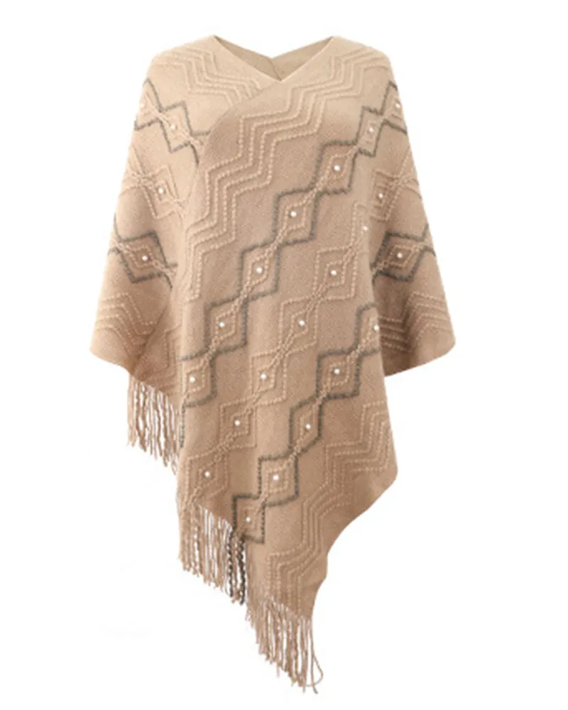Geometric Pattern Pearls Decor Tassel Design Knit Cape Sweater