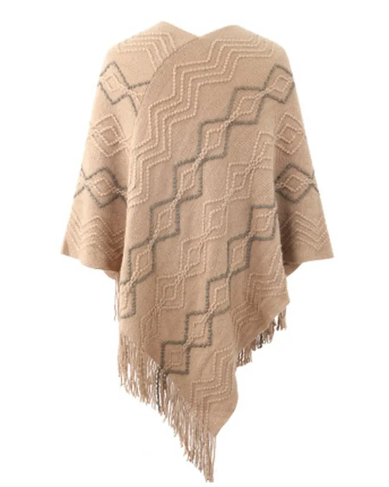 Geometric Pattern Pearls Decor Tassel Design Knit Cape Sweater
