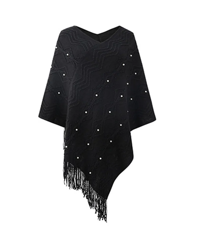 Geometric Pattern Pearls Decor Tassel Design Knit Cape Sweater