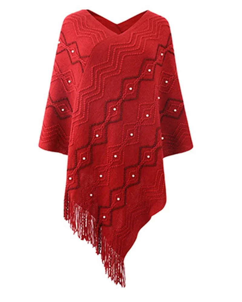 Geometric Pattern Pearls Decor Tassel Design Knit Cape Sweater