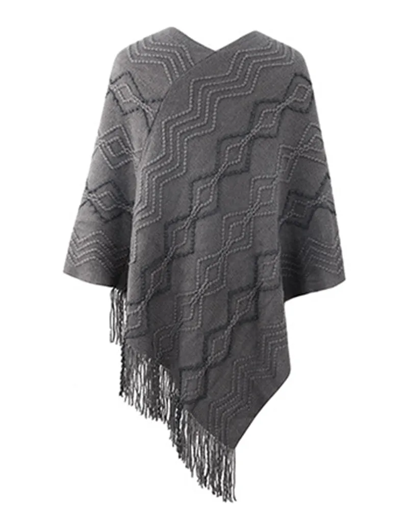 Geometric Pattern Pearls Decor Tassel Design Knit Cape Sweater