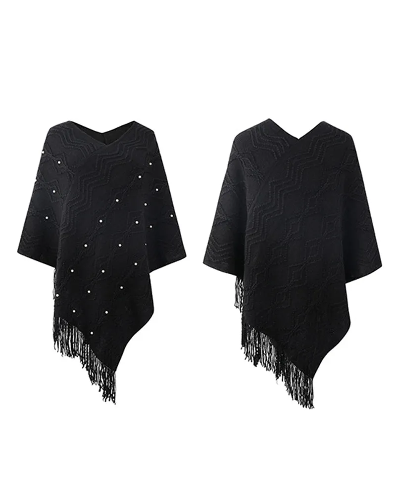 Geometric Pattern Pearls Decor Tassel Design Knit Cape Sweater