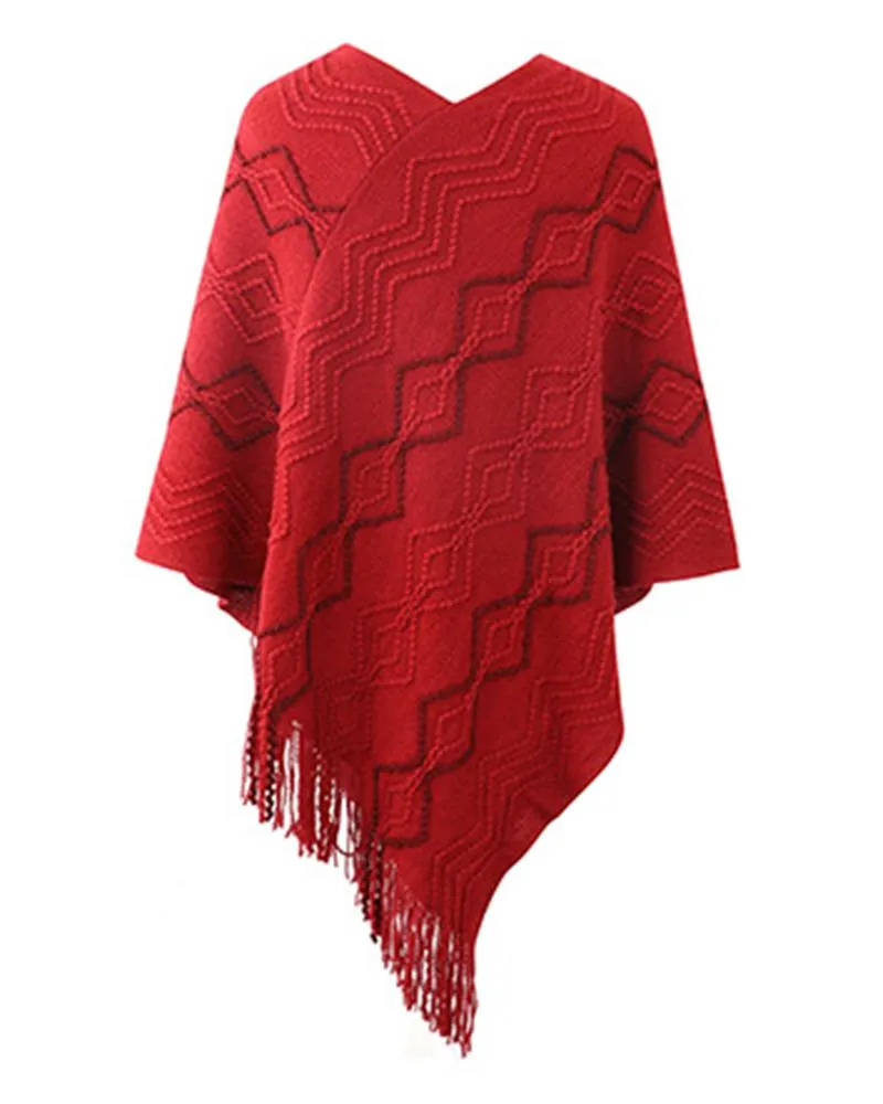 Geometric Pattern Pearls Decor Tassel Design Knit Cape Sweater