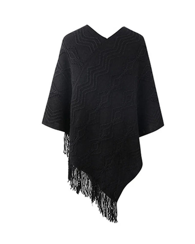 Geometric Pattern Pearls Decor Tassel Design Knit Cape Sweater