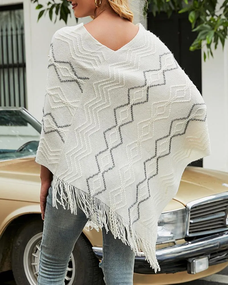 Geometric Pattern Pearls Decor Tassel Design Knit Cape Sweater