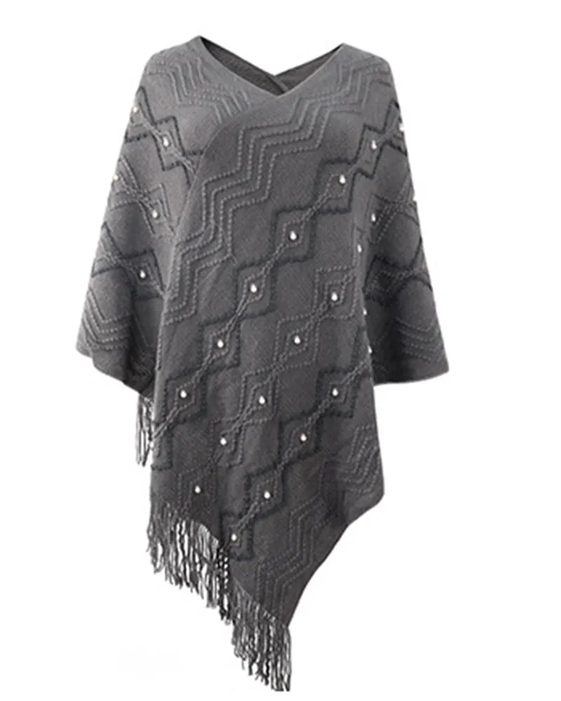 Geometric Pattern Pearls Decor Tassel Design Knit Cape Sweater