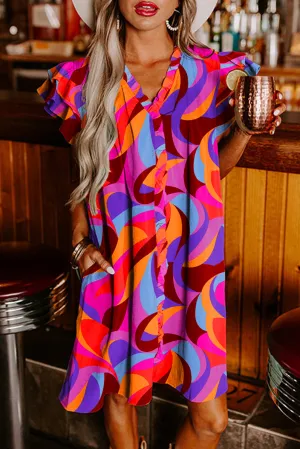 Geometric Print Shift Dress with Ruffled Sleeves and V-Neck