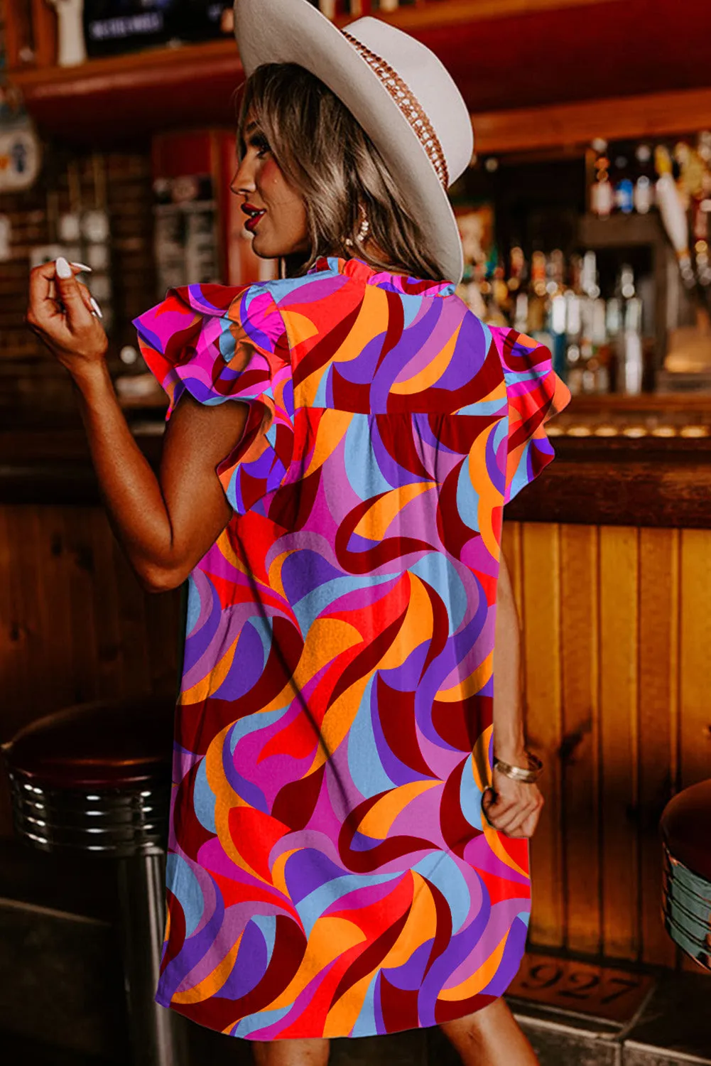 Geometric Print Shift Dress with Ruffled Sleeves and V-Neck