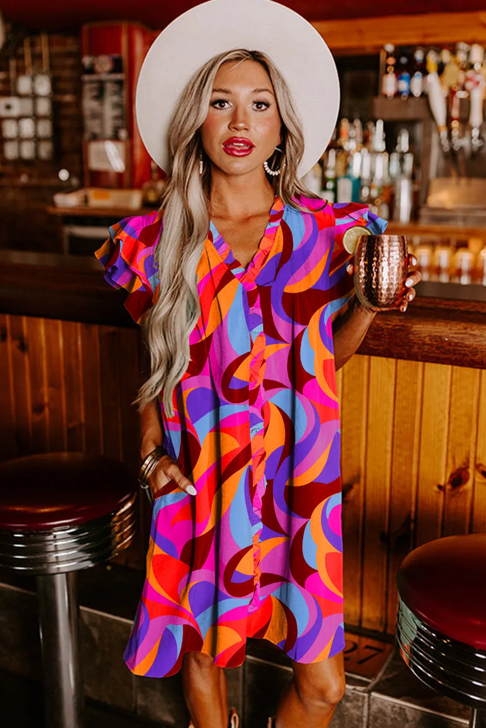 Geometric Print Shift Dress with Ruffled Sleeves and V-Neck