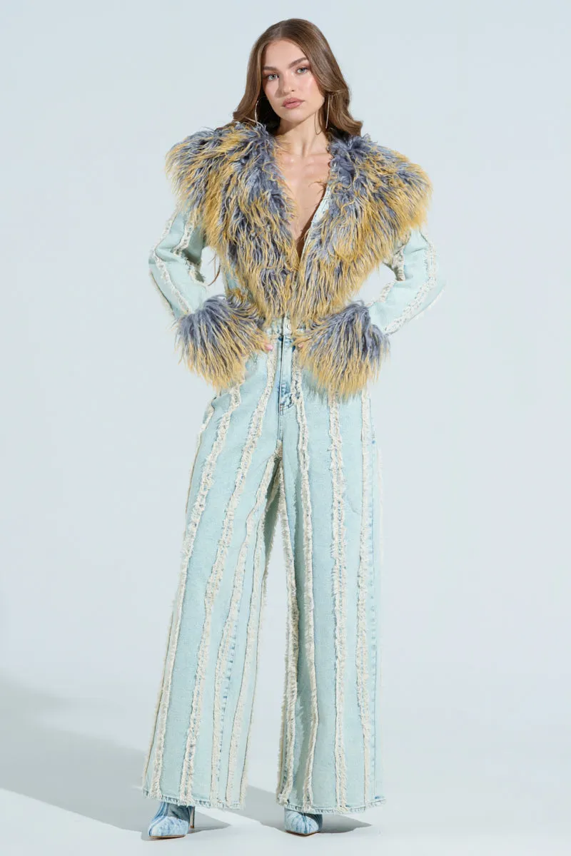 GET OUT OF MY WAY DENIM FUR JUMPSUIT