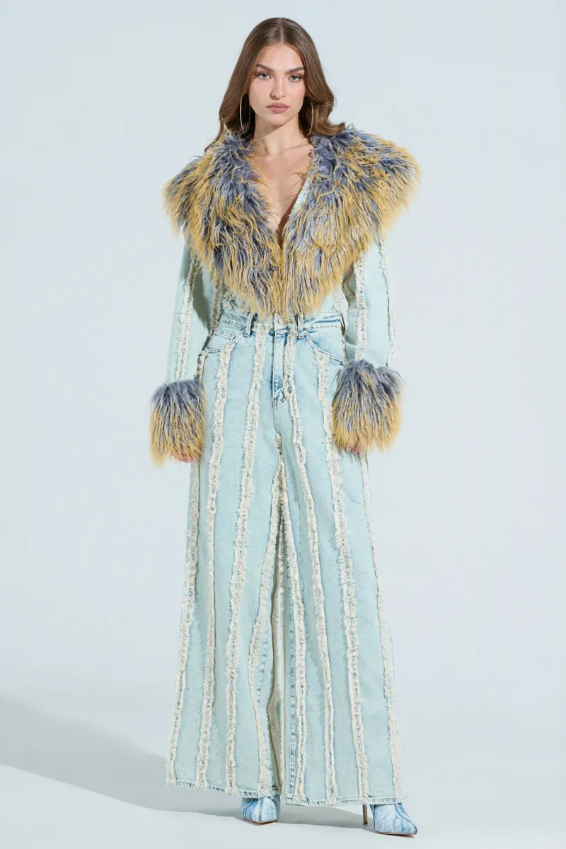 GET OUT OF MY WAY DENIM FUR JUMPSUIT