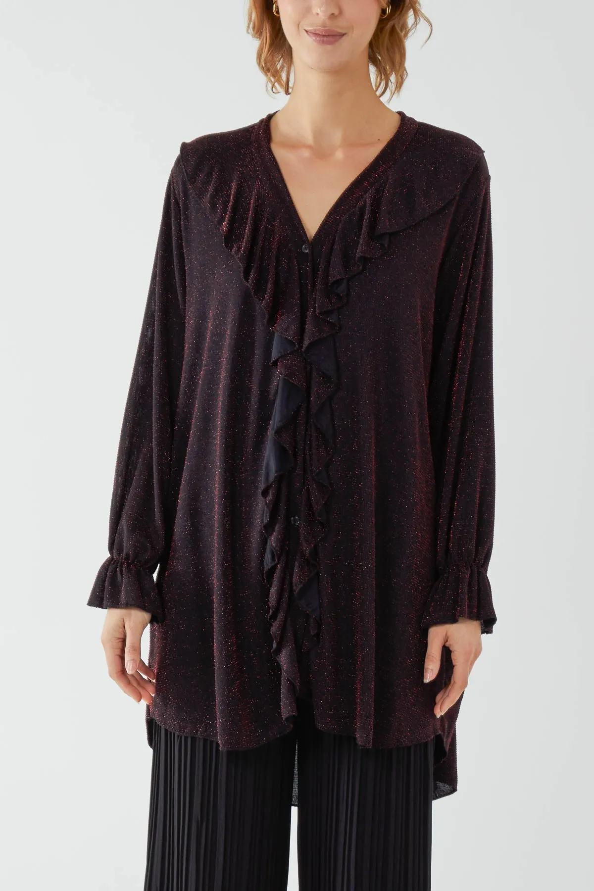 Glitter Lurex Ruffle Flounce Button Blouse