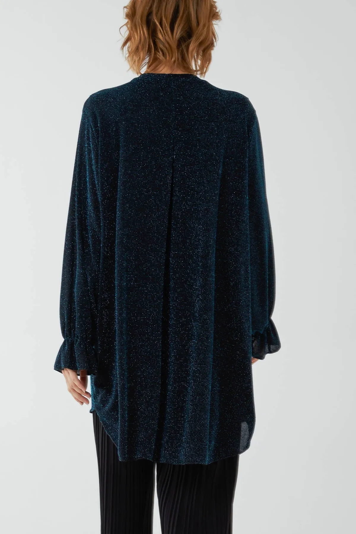 Glitter Lurex Ruffle Flounce Button Blouse