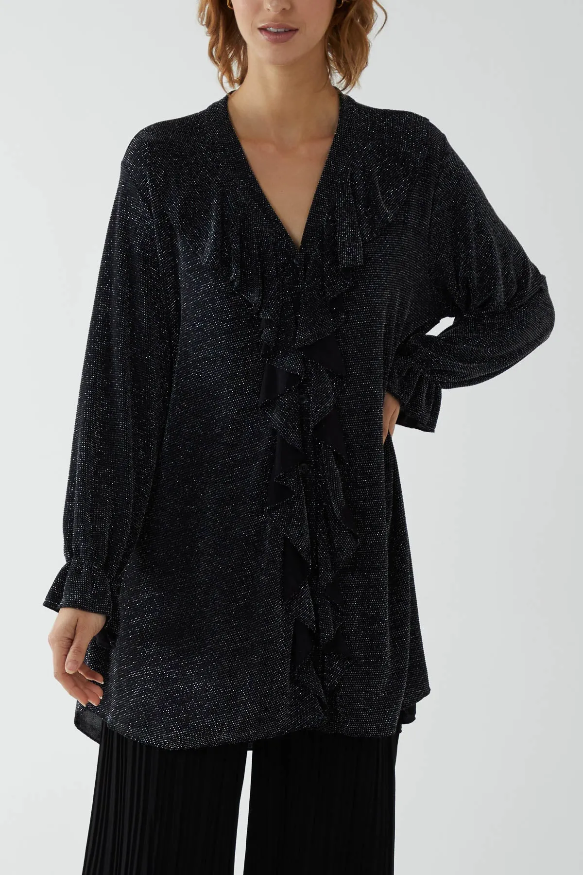 Glitter Lurex Ruffle Flounce Button Blouse