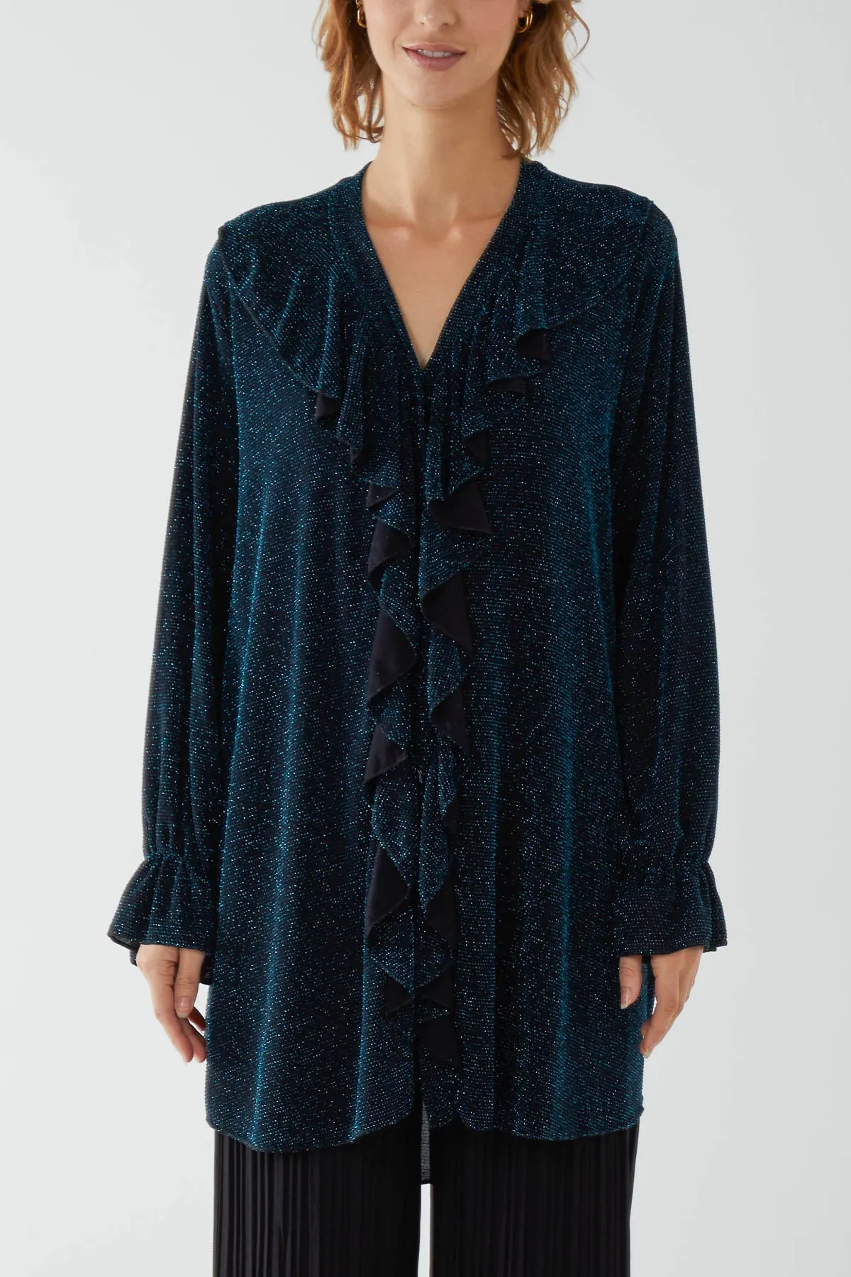 Glitter Lurex Ruffle Flounce Button Blouse