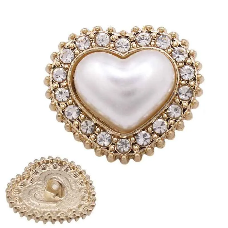 Gold Silver Heart-Shaped Pearl Rhinestone Metal Shank Buttons 20pcs