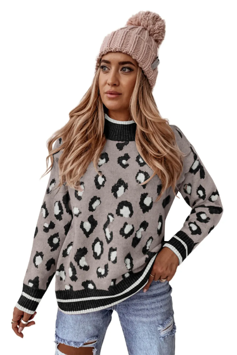 Gray Two-tone Ribbed Trim Contrast Leopard Sweater