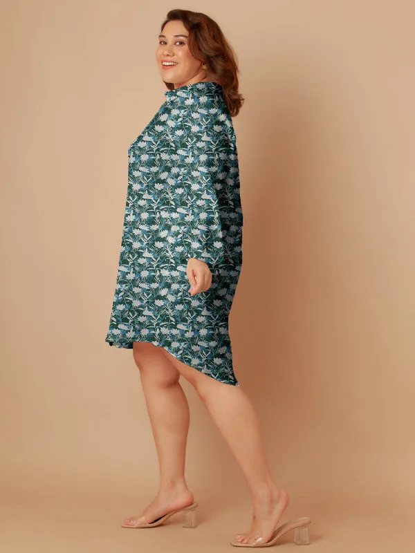 Green Floral Print Buttoned Long Shirt